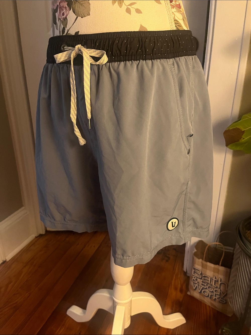 Vuori Gray and Blue athletic shorts with Black and white dots Waistband